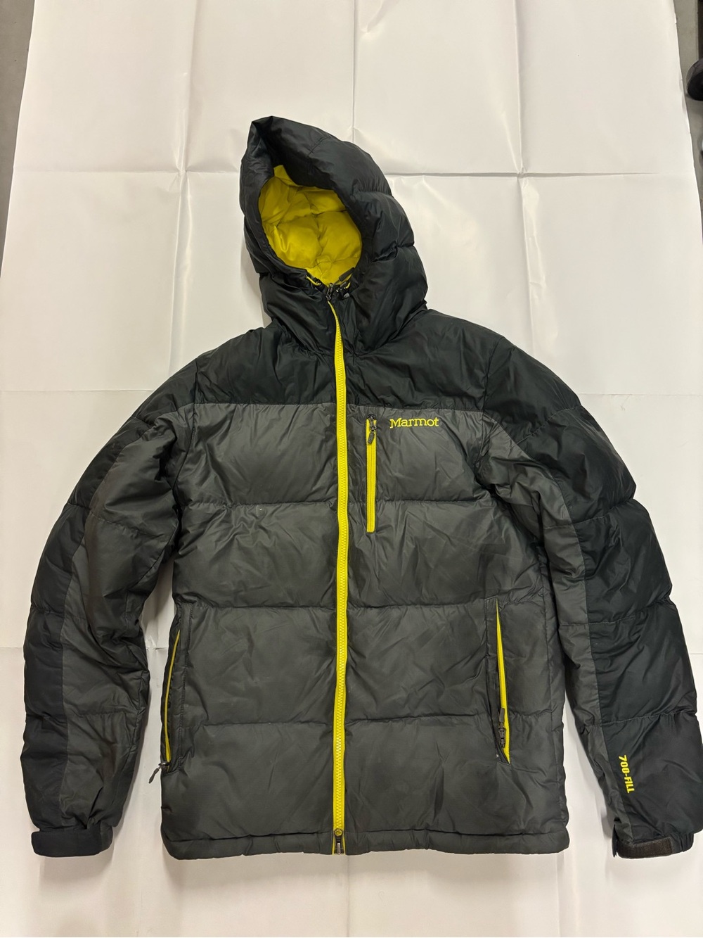 Marmot Men's Black Puffer Jacket with Yellow Accents 700 Fill